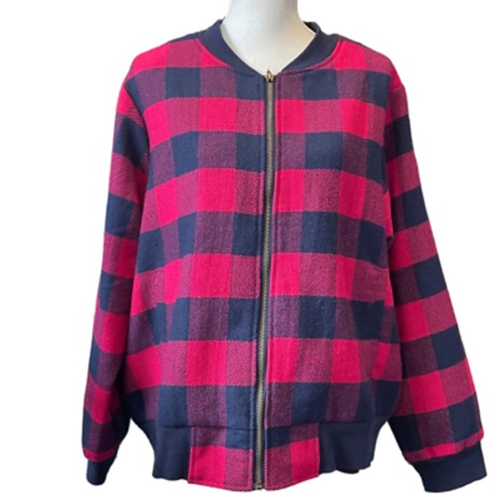 Jessica London Womens Jacket Red Black Wool Blend Plaid Full Zip Pockets Plus 18